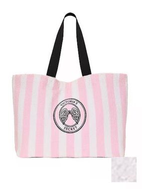 Victoria's Secret Pink & White Striped Tote with Black Handles